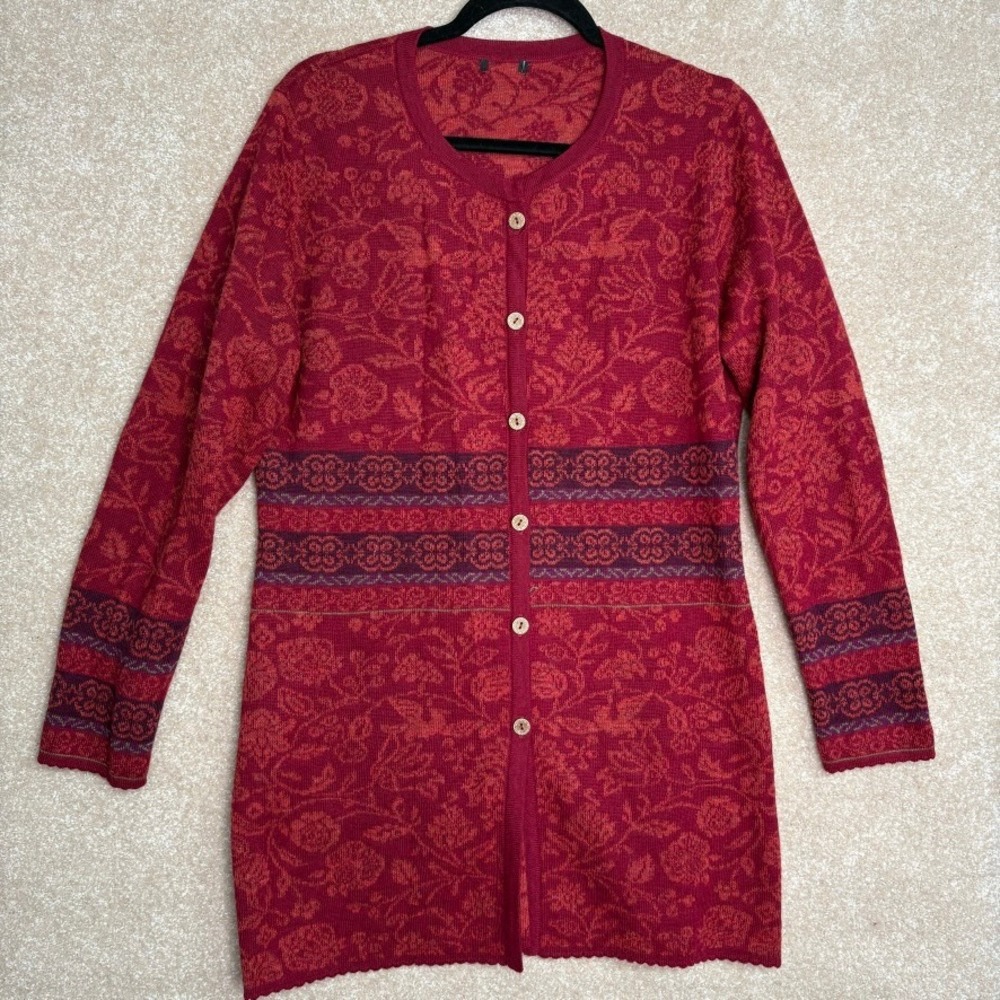 NOVICA Alpaca Cardigan‎ Women's Small Red Floral Longline Knit Sweater Peru Boho - Picture 6 of 7